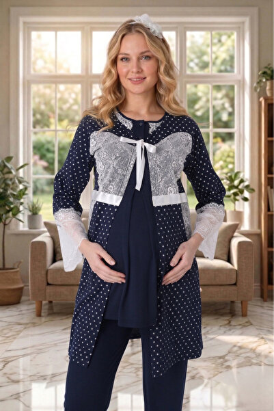 Lohusa Homewear New Season Navy Blue Maternity Polka Dot Summer Elegant Lace ...