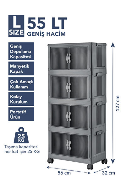 Lavine ”LARGE” 4 Katlı Portatif Organizer Tekerlekli Dolap Çok Amaçlı Mıknatıs Kapaklı Katlanır - ANTRASİT