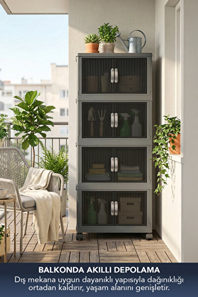 Lavine ”LARGE” 4 Katlı Portatif Organizer Tekerlekli Dolap Çok Amaçlı Mıknatıs Kapaklı Katlanır - ANTRASİT
