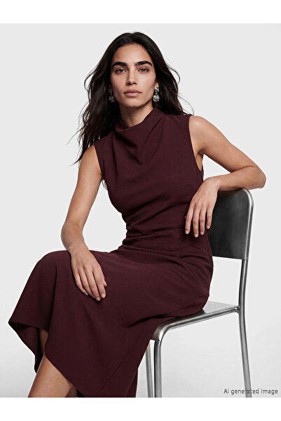 LC Waikiki LCW Vision Φόρεμα κρεπ με ψηλό γιακά σε χρώμα δαμασκηνί