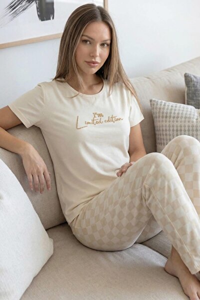 Pijamaevi Set de pijamale de damă cu mânecă scurtă din bambus, ediție Ecru