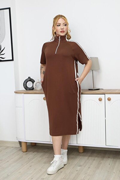 Siyezen Plus Size Modal Fabric Dress with Stripe Detail