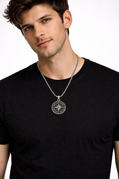 MakeWell Men's Compass Pendant Stainless Steel Non Tarnish Chain Necklace Vin...