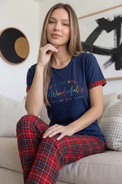 Pijamaevi Σετ γυναικείες πιτζάμες με κοντό μανίκι από μπαμπού σε μπλε-κόκκινο...