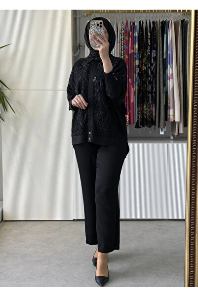 Tığ Triko Pul Nakış Brode Kombinli Gömlek Tunik Pantolon Takım 5087 Siyah