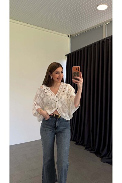 elif teke Pullu Ajurlu Yarasa Kollu Gömlek Ekru