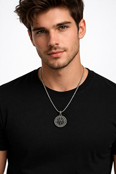 MakeWell Men's Compass Pendant Stainless Steel Non Tarnish Chain Necklace Vin...
