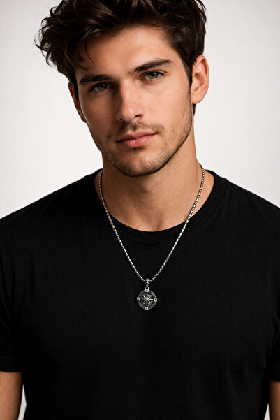 MakeWell Men's Compass Pendant Stainless Steel Non Tarnish Chain Necklace Vin...