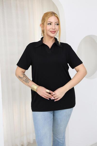 Siyezen Plus Size Polo Neck Blouse with Stones