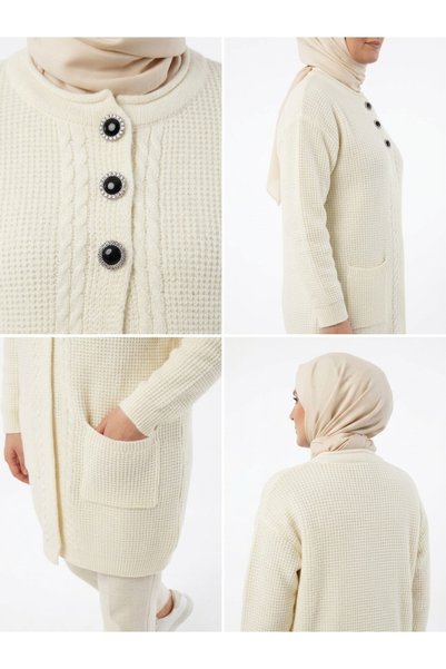 M&C Colleciton Women's Knitted Detailed Pocketed Soft Textured Buttoned Long Knitwear Cardigan