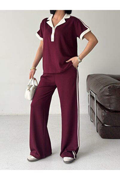 LAVRE Oversize Modal Fabric Soft Textured Striped Polo Collar Tracksuit Set