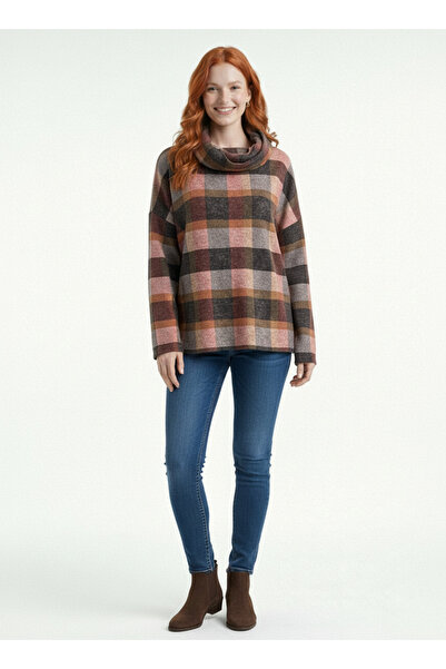 Neden Tekstil Women's Plaid Turtleneck Oversize Knitwear Sweater