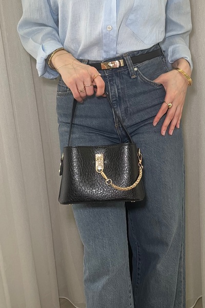 Fibag حقيبة يد وكتف نسائية سوداء مع سلسلة - حزام طويل قابل للتعديل، حقيبة يومية