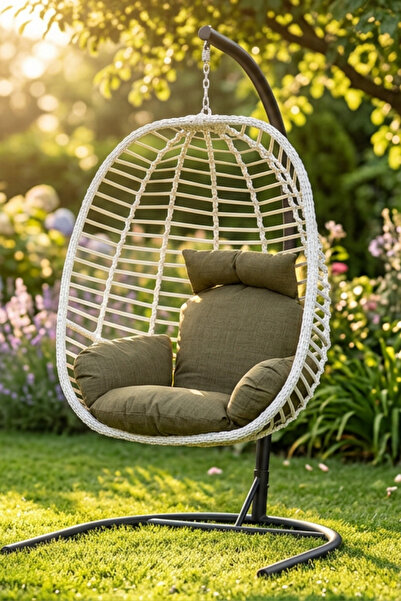 KalyonHome Gardeniza Capri Askılı Rattan Bahçe Balkon Salıncağı Armut Su İtici Minder Haki