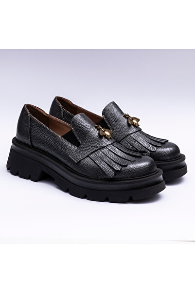 VAGAM Pantofi Dama din Piele Naturala Loafers Gri Antracit