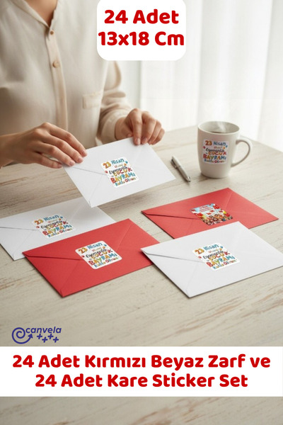 İstisna 24 Adet Kırmızı Beyaz 13x18 Cm Zarf ve 24 Adet 23 Nisan Çocuk Bayramı...