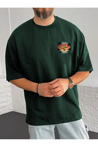 SUNFREE تي شيرت رجالي بأكمام قصيرة وياقة دائرية مطبوع عليه SLOGAN SUNSET