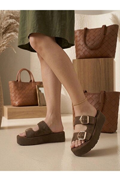 BESKAR Summer Women's Brown Platform Sole Buckle Slippers