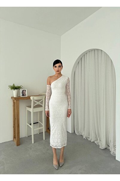 maf collection Women's White One Shoulder Open Lace Detail Midi Evening Dress...