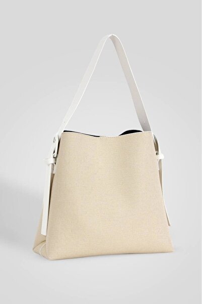 H&D COLLECTİON White Buckle Detailed Large Size Women's Shopper Bag