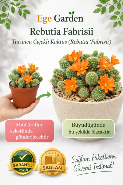 EGE GARDEN Rebutia Fabrisii Kaktüs Turuncu Çiçekli Mini Kaktüs | Saksıda Canl...