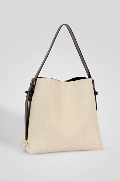 H&D COLLECTİON Straw Brown Buckle Detailed Large Size Women's Shopper Bag