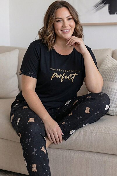 Pijamaevi Black Perfect Patterned Large Size Oversized Bamboo Short Sleeve Wo...