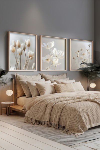 STARYUNA Μινιμαλιστικό Σετ Τριών Πίνακων με Θέμα Λευκά Λουλούδια με Ξύλινο Πλ...