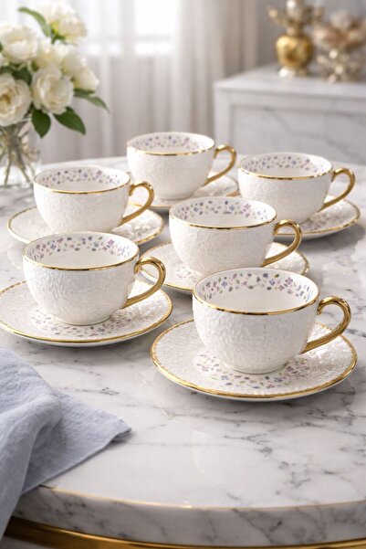 DEVADA HOME Zarif Mor Çiçek Desenli Altın Detaylı 6 Kişilik Kahve Takımı