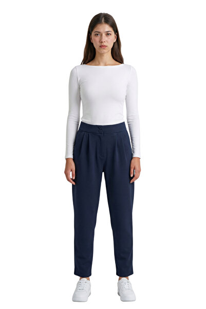 ModaAzen Navy Blue High Waist Double Button Pocket Carrot Cut Pleated Women's...