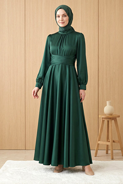 FERHEL Women's Cross-Tie Waist Satin Evening Dress - Emerald
