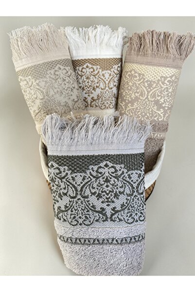 SAVESSA Set of 4 Towels with Fringes Ecru-Brown-Grey-Milk Brown, 100% Cotton ...