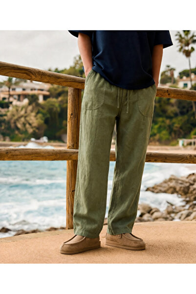 DAMGA JEANS Men's Relax Fit Summer Loose Green Linen Trousers