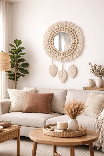 NGAHOME El Yapımı Makrome Ayna Duvar Süsü 40 cm | Boho Dekoratif Ahşap Boncuk...