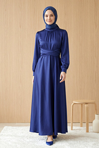 FERHEL Women's Cross-Tie Waist Satin Evening Dress - Navy Blue