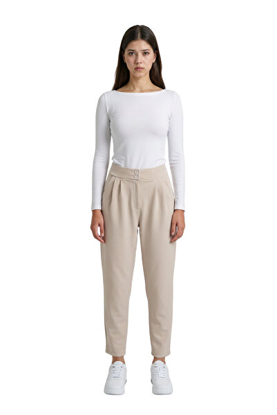 ModaAzen Beige High Waist Double Button Pockets Carrot Cut Pleated Women's Tr...