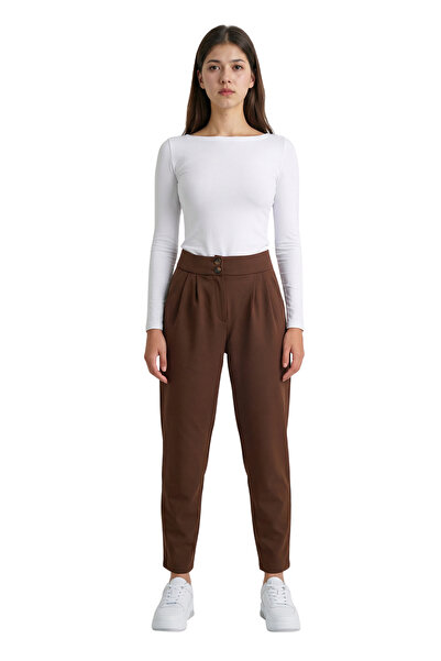 ModaAzen Brown High Waist Double Buttoned Pocket Carrot Cut Pleated Women's T...