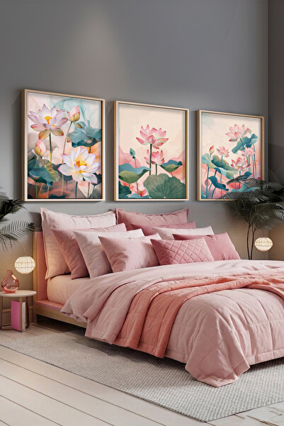 STARYUNA Set de pictură triplu cu rame din lemn, cu flori de lotus în tonuri ...