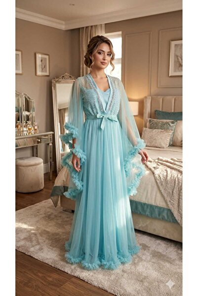 NightLove Blue Stone Long Fluffy Sleeve Detailed Dressing Gown S7574