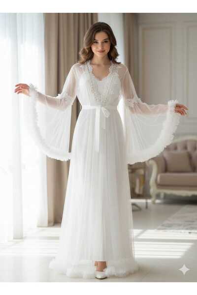 NightLove White Lace Beaded Detailed Long Sleeve Dressing Gown S7572