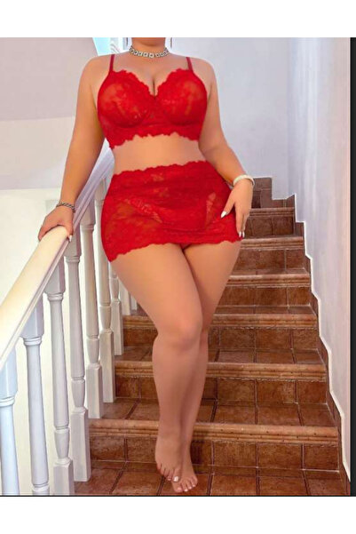 Bleu Petite Plus Size Lace Detailed Skirt Bra Set