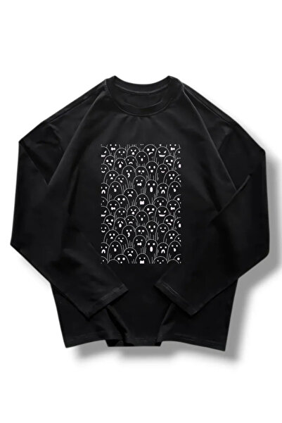ELNOYA سويت شيرت أسود كبير الحجم بنمط شبحي للجنسين