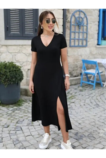 StilVibe Rochie de damă cu mânecă scurtă, cu decolteu în V, lungime maxi