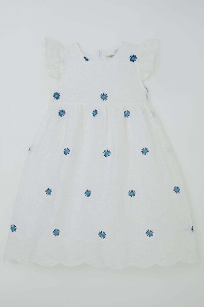 Breeze Girl's Dress with Floral Embroidery and Zipper Detail on the Back, Age...