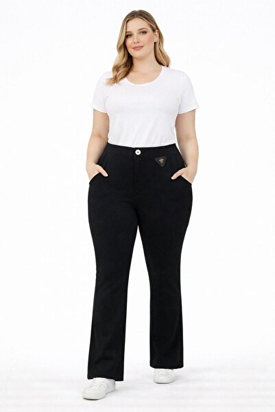 MİRA BUTİK Curve High-Waisted Wide-Leg Zippered Pocketed Plus-Size Women's Tr...
