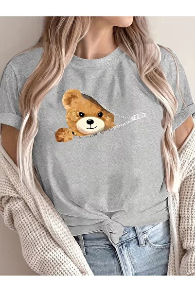 JENOLAN Tricou oversize cu imprimeu Bear, cu fermoar, pentru femei