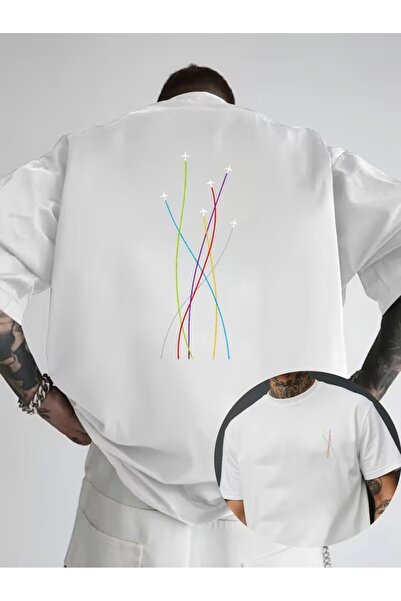 JENOLAN Men's Back Jet Airplane Printed Oversize T-Shirt Loose Fit