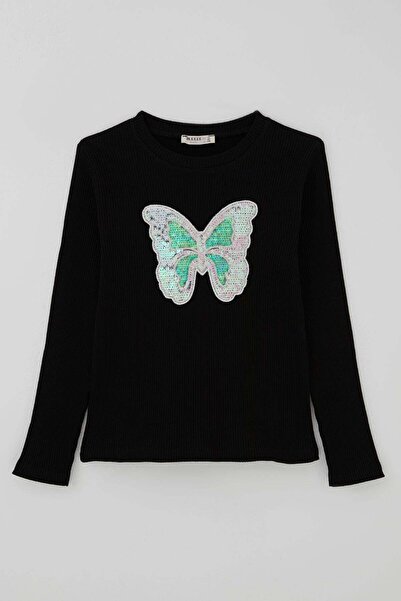 Breeze Girls' Long Sleeve T-Shirt with Sequin Embroidery and Butterfly Appliq...