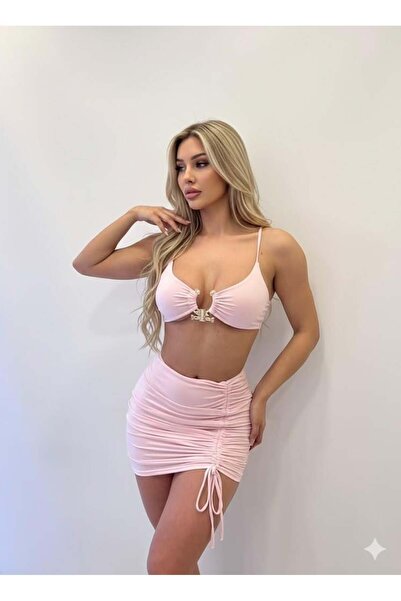 pink life Powder Buckle Detailed Crop Top and Skirt Two-Piece Set