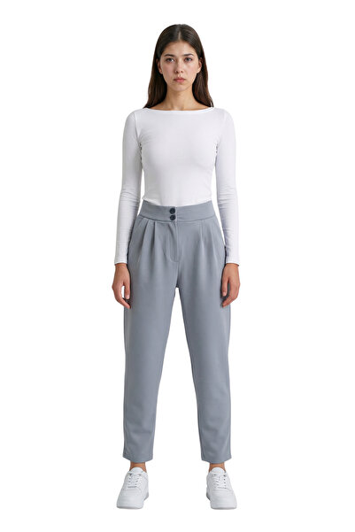 ModaAzen Gray High Waist Double Buttoned Pocket Carrot Cut Pleated Women's Tr...